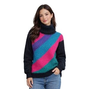 VTG 90s Mohair Wool Blend Knit Sweater S Abstract Art Stripe Rainbow Turtle Neck